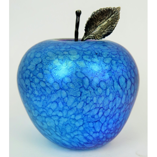 188 - Iridescent glass paperweight by Glasform in the form of an Apple with Sterling Silver leaf and Stem.... 