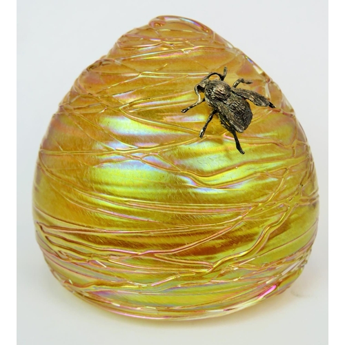 189 - Iridescent glass paperweight by Glasform In the form of a Honey pot embelished with a sterling silve... 