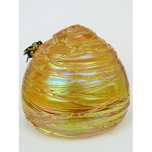 189 - Iridescent glass paperweight by Glasform In the form of a Honey pot embelished with a sterling silve... 