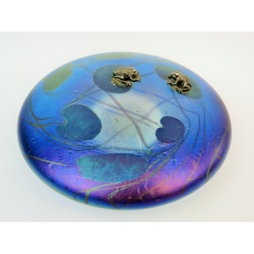 190 - Iridescent Glass Paperweight by Glasform as a pond with lilly pads embelished with a pair of Sterlin... 