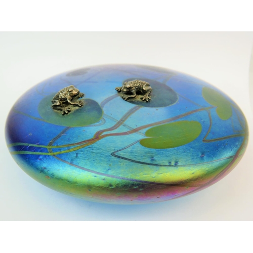 190 - Iridescent Glass Paperweight by Glasform as a pond with lilly pads embelished with a pair of Sterlin... 