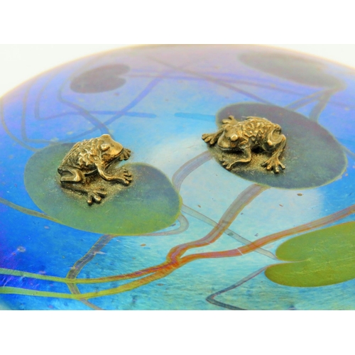 190 - Iridescent Glass Paperweight by Glasform as a pond with lilly pads embelished with a pair of Sterlin... 