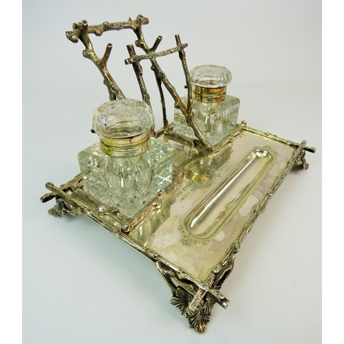 193 - Silver plated Desk set in a rustic style by Walker & Hall of Sheffield. Gifted inscription to base. ... 