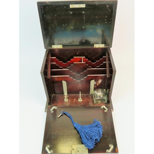 202 - Boxed clerks desk set with locking top. Working lock and key. Glass inkwell within. Approx 8 inches ... 