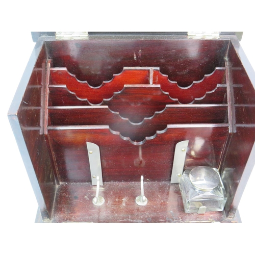 202 - Boxed clerks desk set with locking top. Working lock and key. Glass inkwell within. Approx 8 inches ... 