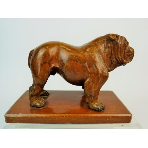 204 - Hand Carved wooden sculpture of a Bulldog raised on wooden plinth. Measures 7 inches long. 5 inches ... 