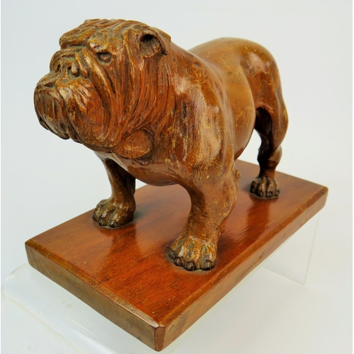 204 - Hand Carved wooden sculpture of a Bulldog raised on wooden plinth. Measures 7 inches long. 5 inches ... 