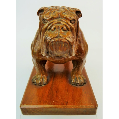 204 - Hand Carved wooden sculpture of a Bulldog raised on wooden plinth. Measures 7 inches long. 5 inches ... 