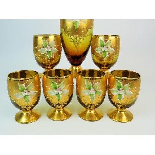 213 - Set of Bohemian enamelled glass decanter and goblets. All with hand applied enamel flowers. Decanter... 