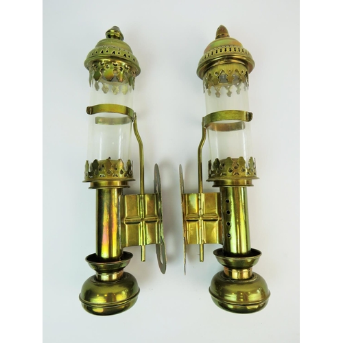 315 - Pair of Vintage brass & glass Railway carriage style candle lamps with wall mounting brackets & Spri... 