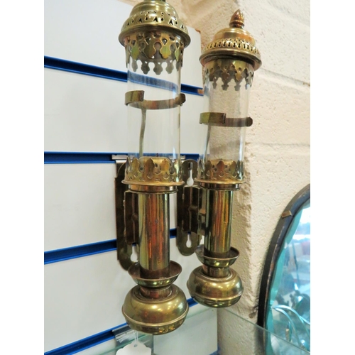 315 - Pair of Vintage brass & glass Railway carriage style candle lamps with wall mounting brackets & Spri... 