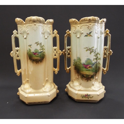 272 - Pair of diamond pottery blushware twin handle vases standing 11.5