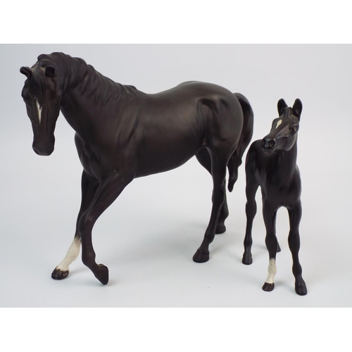 343 - Beswick matt black beauty with matching foal.