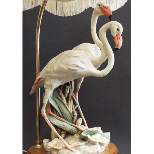 344 - Large Capodimonte figural lamp with a pair of flamingos to the base, standing approx 15.5