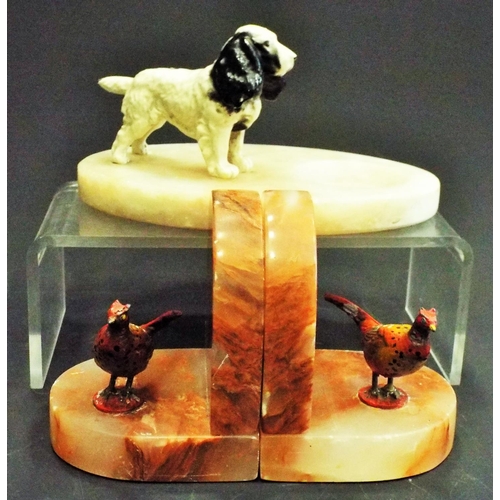 349 - Pair of Marble bookends with spelter pheasents plus a marble trinket dish with spelter spaniel.