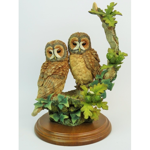 352 - Country Artists Resin Sculpture of pair of Tawny Owls in an Oak tree hollow. Standing on a wooden pl... 