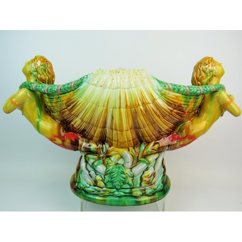 364 - Large Antique Continental Majolica planter in the form of a shell supported by water nymphs on natur... 