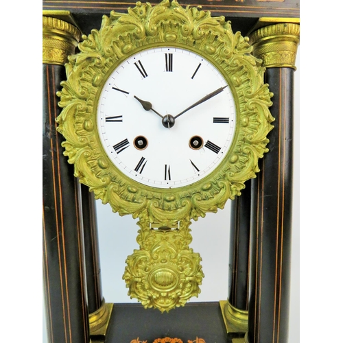 376 - Very elegant mantle clock with Art Nouveau inlaid wooden base which supports the clock mechanism on ... 