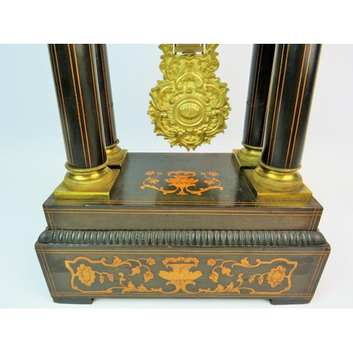 376 - Very elegant mantle clock with Art Nouveau inlaid wooden base which supports the clock mechanism on ... 