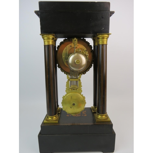 376 - Very elegant mantle clock with Art Nouveau inlaid wooden base which supports the clock mechanism on ... 