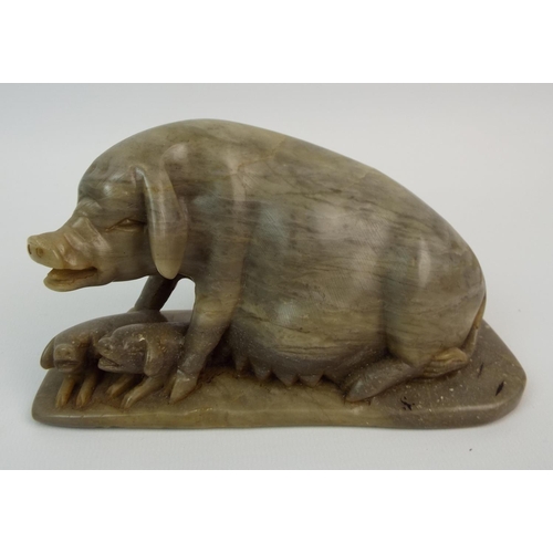 410 - Vintage soapstone carved figurine of a Sow and piglets.