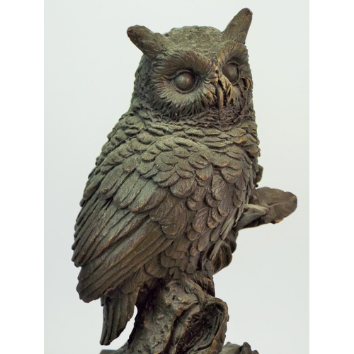 416 - Bronze Owl sculpture by Milo standing on a marble base approx 11