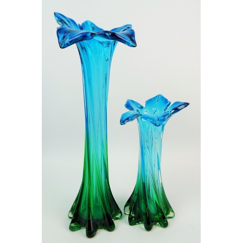 436 - A pair of matching blue and green art glass vases the tallest been 8.5