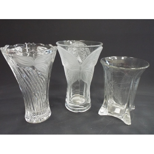 457 - 3 Crystal glass vases with frosted and etched glass designs.