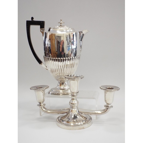 490 - A Silver plated coffee pot and a 3 armed candlebra.