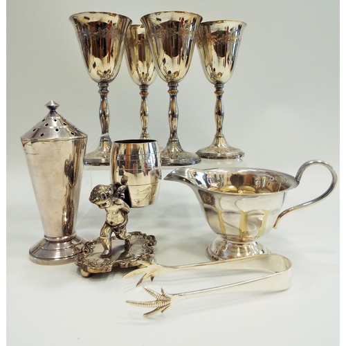 502 - Silver plated lot including a sugar sifter and a cherub posy vase.