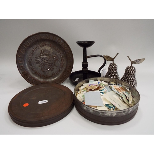 508 - Mixed lot to include a cast iron chamber stick, an old film reel tin with loose stamps within etc.