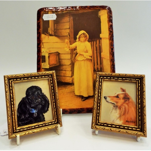 512 - A Pair of framed handpainted miniatures of dogs signed Kay Sney plus a wall plaque.