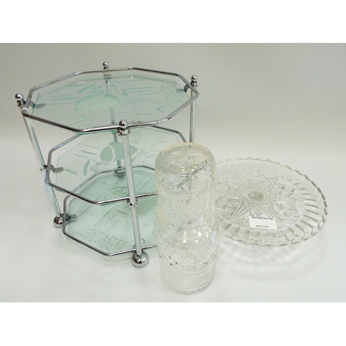 523 - Retro Crinoline lady 3 tier cakes stand plus a pressed glass cake stand etc.