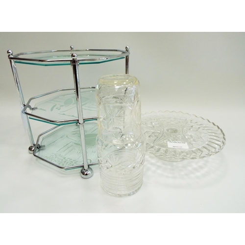 523 - Retro Crinoline lady 3 tier cakes stand plus a pressed glass cake stand etc.