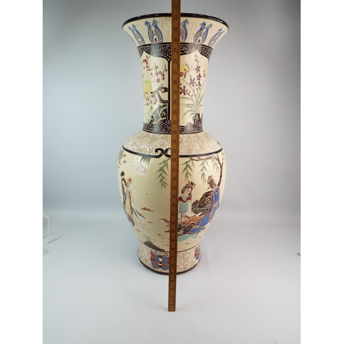 533 - Large oriental floor vase decorated with ladies, birds & bamboo standing approx 32