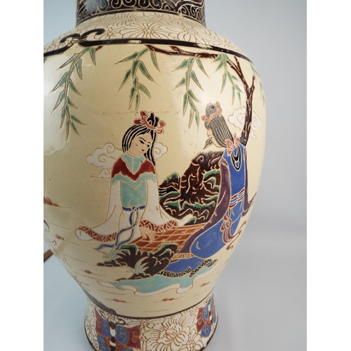 533 - Large oriental floor vase decorated with ladies, birds & bamboo standing approx 32