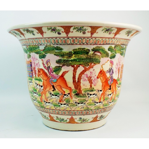 534 - Large oriental planter decorated with men on horses and hounds, six character mark to the base, stan... 