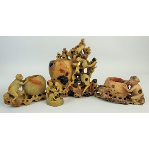 549 - Vintage carved oriental soapstone vases, with animal decoration.