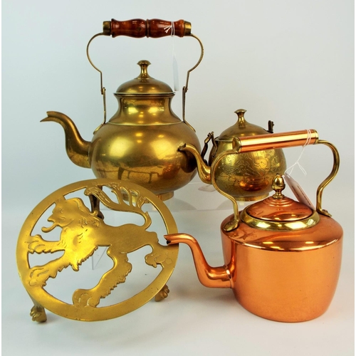 559 - Copper and Brass kettles and a brass trivot with lion design.