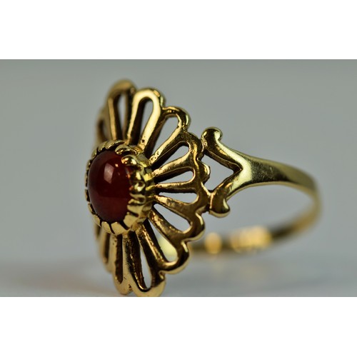 126 - Large, 9ct Gold ring with a pierced surround set with a central red Opal.  Finger size 'S'   2.2g