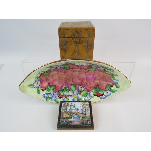 971 - Malling oval lustre bowl, Fedeskino style ceramic plaque plus an art Nouvea style decorated hinged l... 