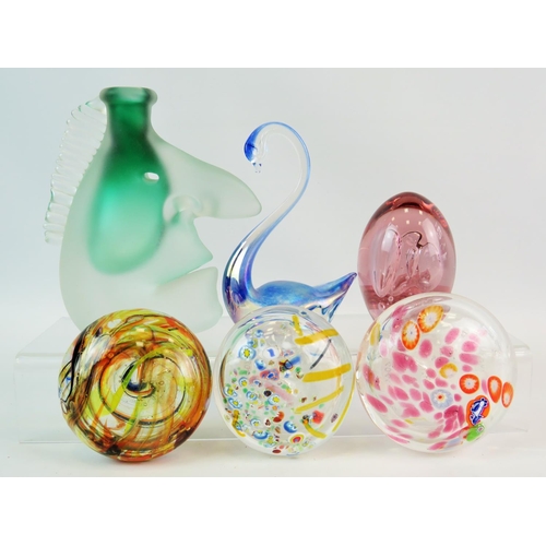 972 - Selection of colourful paperweights with a frosted glass grotesque profile bud vase. See photo.