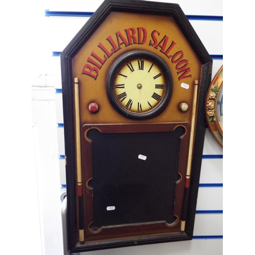 1392 - Billiard/Snooker chalkboard with provision for battery clock which needs repair. See photo