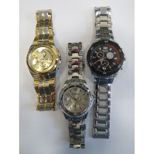 1402 - Trio of Mens quartz Chronograph watches. all need batteries to run, one with damaged strap. see phot... 