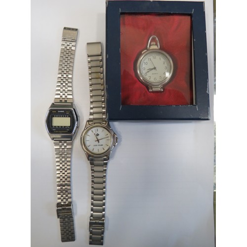 1403 - Trio of Quartz watches to include a pendant watch, Louis Pickard watch and a Casio digital watch wit... 