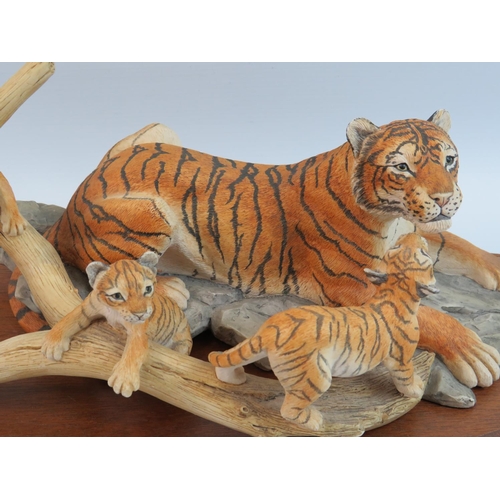 13 - Border Fine Arts study of a Tigress with her cubs on naturalistic setting. Measures 16 inches long. ... 