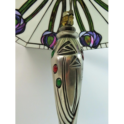 58 - Art Nouveau style table lamp with heavy pewter type body decorated with Red and Green Cabouchons cap... 