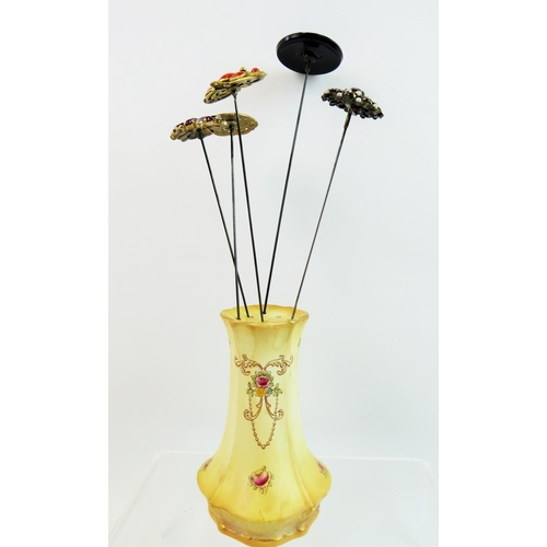 70 - Victorian Blush ceramic hatpin stand together with a collection of hatpins of the same era. See phot... 