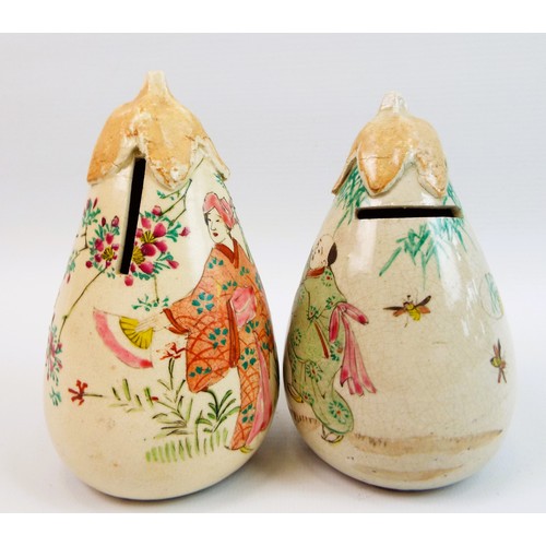 78 - A Pair of turn of the century aubergine satsuma money boxes.