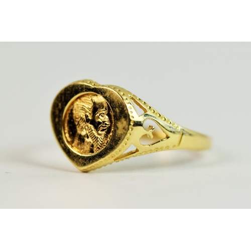 214 - 9ct Yellow Gold ring set with small Mexican Coin. (see photos)  Finger size 'O'    1.5g